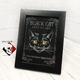 Black Cat Sanctuary embroidery picture (5x7) in smooth black frame for table top or wall.