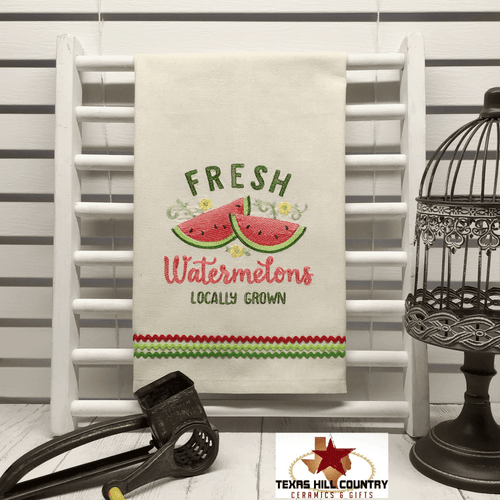 Fresh watermelon embroidery on natural cotton towel.