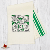 St. Patrick's Day Irish Luck saying embroidery on natural kitchen towel.