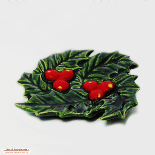 Green holly with red berries ceramic tea bag holder or small spoon rest