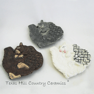 Squirrel road kill tea bag holder collection, available in red-brown, grey and white.