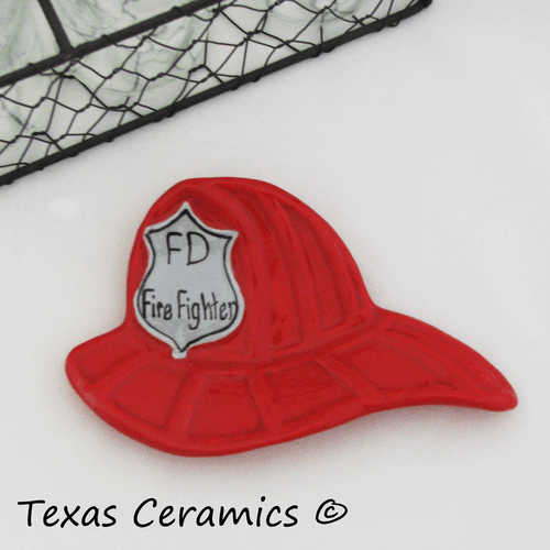 Red FD Firefighter bunker hat tea bag holder or small spoon rest made in the USA, also available for VFD Firefighters.