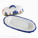 Dome style lid fits into the slot of the tray, the tray is ornate in style and the edge is accented in bluebonnet blue