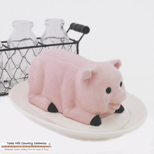 Pig Butter Dish Tray with Pink Pig Lid Ceramic Earthenware Made in USA