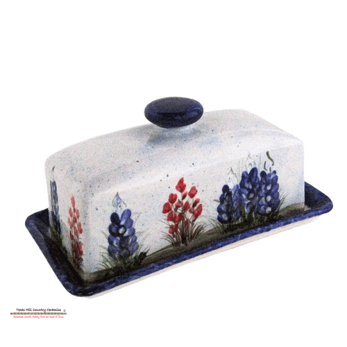 Rectangle French Country style butter dish with hand painted Texas Bluebonnet wildflowers