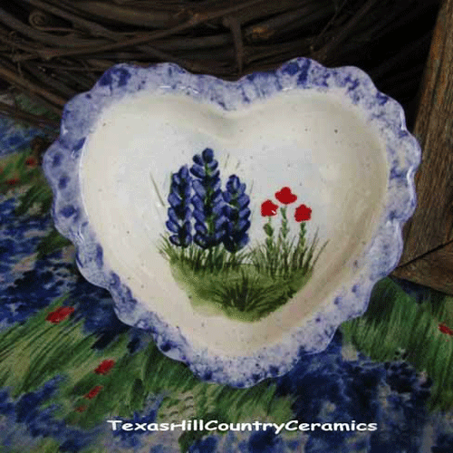 Small heart dish with scallop edge and hand painted Texas Bluebonnets