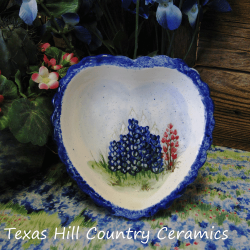 Heart bowl with hand painted Texas Bluebonnets