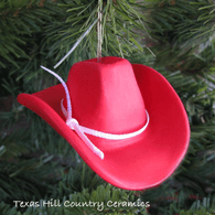 Red Western Riding Hat Christmas tree ornament, made in the USA