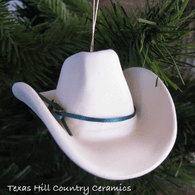 White Western Riding Hat Christmas tree ornament, available in 2 sizes, made in the USA