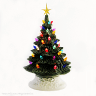 Holiday Cheer Ceramic Christmas Tree 11 1/2 Inches Tall Multi Color Lights on Green Tree with White Base - Made to Order
