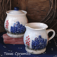 Country Style Cream Pitcher and Sugar Bowl Set with Hand Painted Bluebonnet Wildflowers Made in Texas
