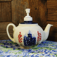 Teapot Shape Soap Dispenser or Lotion Bottle for Kitchen or Bath Vanity with Hand Painted Texas Bluebonnet Wildflowers Central Texas Hill Country Decor