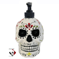 Day of the Dead skull soap dispenser with black pump unit.