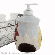 Sunflower soap dispenser with colorful flowers for kitchen or bath vanity.