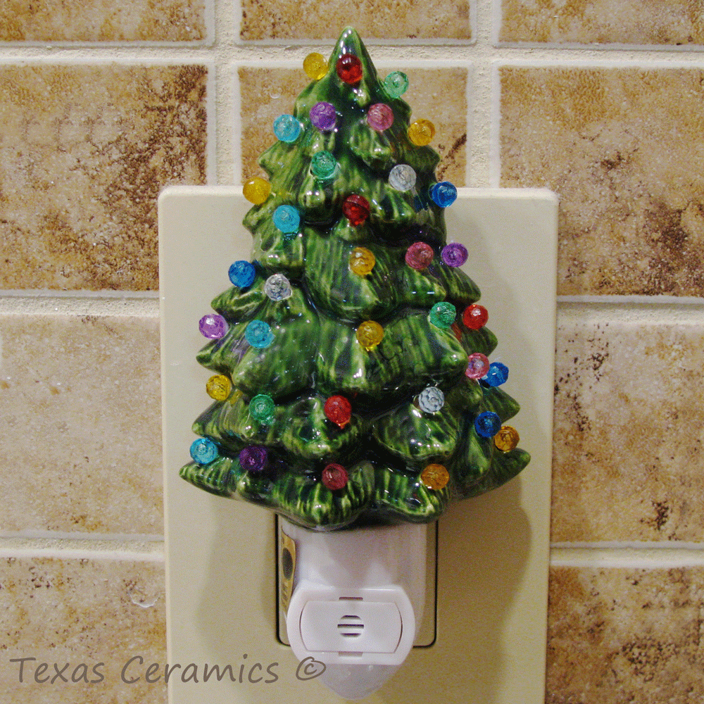 Ceramic Christmas Tree Night Light With Automatic Sensor Switch Fully Decorated Miniature Christmas Tree With Color Lights Great For Gifting Or Stocking Stuffer Texas Hill Country Ceramics