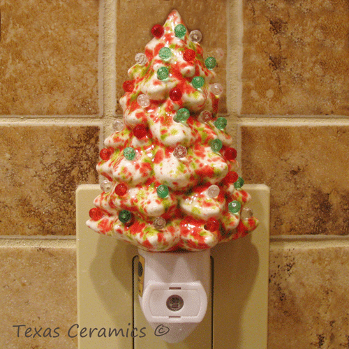 Ceramic Christmas Tree Night Light In Peppermint Colors Of Red White Green With Automatic Sensor Switch Color Globe Lights Texas Hill Country Ceramics