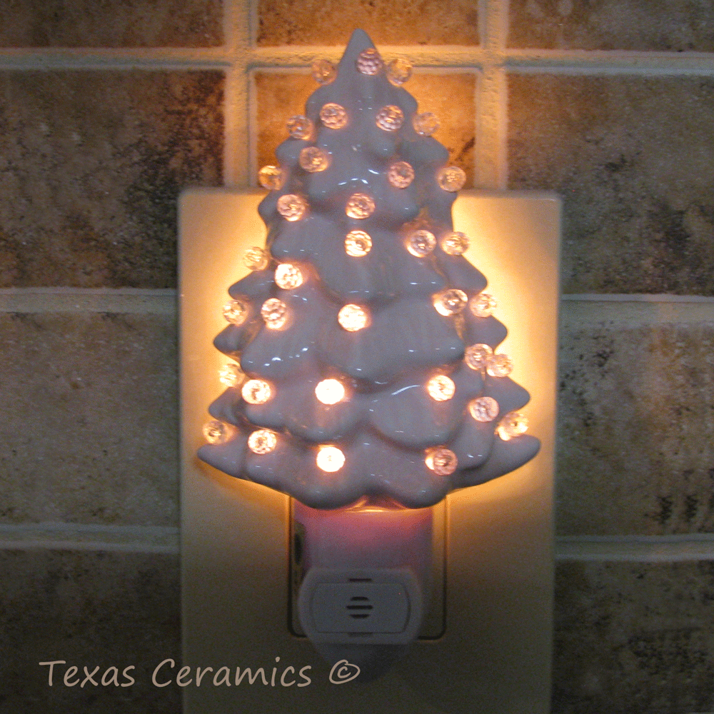 Soft Pink Ceramic Christmas Tree Night Light With Automatic Sensor Switch Clear Globe Lights Texas Hill Country Ceramics