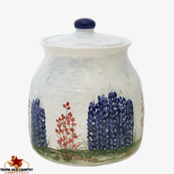 Large ceramic cookie jar with hand painted Texas Bluebonnet wildflowers.