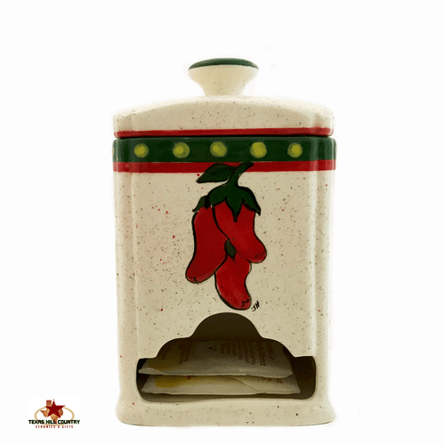 Ceramic tea bag canister with Red Chili peppers hand painted.