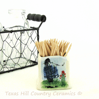 Square Style Ceramic Toothpick Holder with Hand Painted Bluebonnet Wildflowers For Kitchens or Dining Table