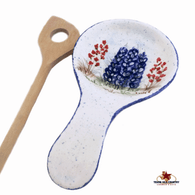 Large round ceramic pottery style spoon rest with hand painted Texas Bluebonnet wildflowers made in the USA.