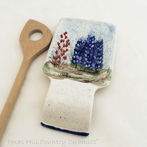 Square style spoon rest with hand painted Texas Bluebonnets, this spoon rest is Made in Texas!