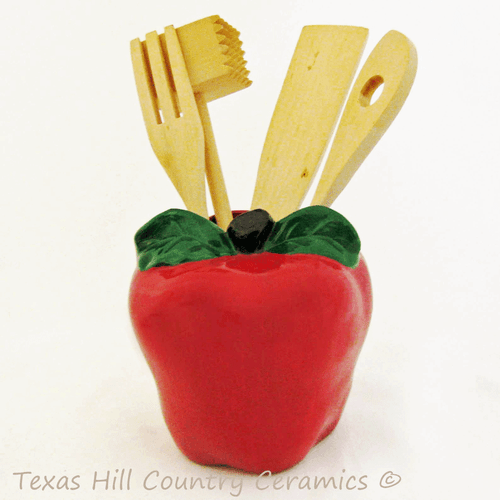 Red apple utensil holder made in the USA by Texas Hill Country Ceramics