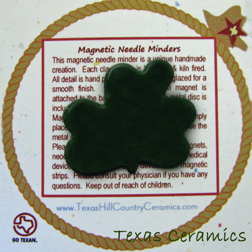 This kelly green shamrock clover is a magnetic needle minder with Neodymium Magnet, ideal as a Sewing Accessory and used by Cross Stitch or Embroidery enthusiast.  Made in the USA