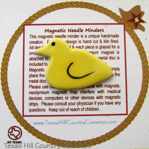 This yellow duck shape is a magnetic needle minder with Neodymium Magnet, ideal as a Sewing Accessory and used by Cross Stitch or Embroidery enthusiast.  Made in the USA
