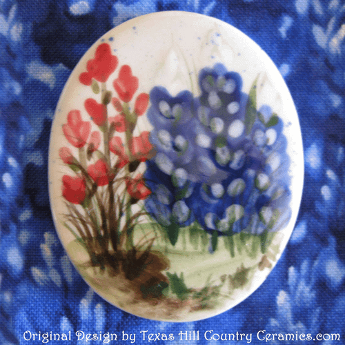 Hand made refrigerator magnet with hand painted Texas Bluebonnets and Indian Paintbrush wildflowers.  Made in the USA