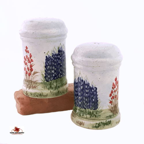 Tall Traditional Style Salt and Pepper Shakers with Hand painted Texas Bluebonnet wildflowers, made in Texas!