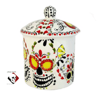 Hand painted Mexican folk art Day of the Dead Skull container or canister with lid