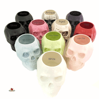Skull container for toothbrushes, tools, paint brushes, pencils or pens, flatware spoons, plants available in assorted colors including aged, antique black, black gloss or matte, gray, bright pink, light pink, lime green, light blue, purple, red or white.