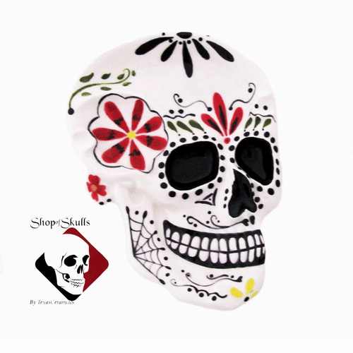 Day of the Dead Skull Shaped Spoon Rest or Small Snack Plate with Hand painted Mexican Folk Art Design by Jacque.