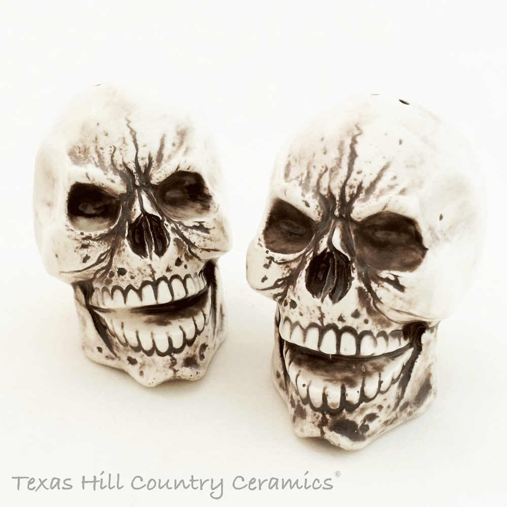 Skull Salt Pepper Shakers Old Aged Bone Looking Ceramic Skull
