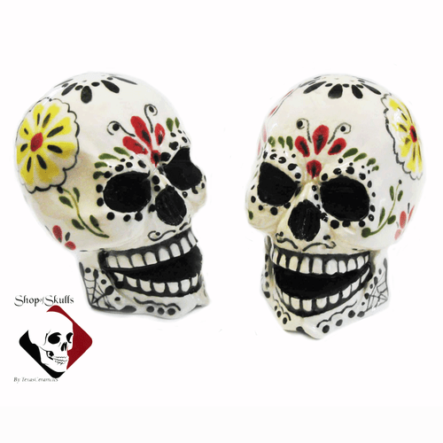 Sugar skull salt and pepper shakers with Mexican Folk Art Day of the Dead design, hand made in the USA.