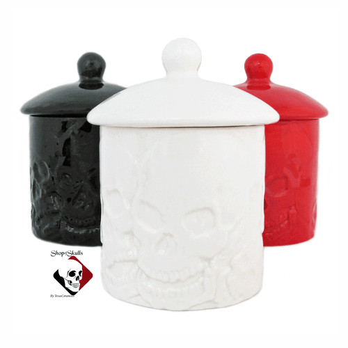 Skull canister with lid in assorted colors, made in the USA