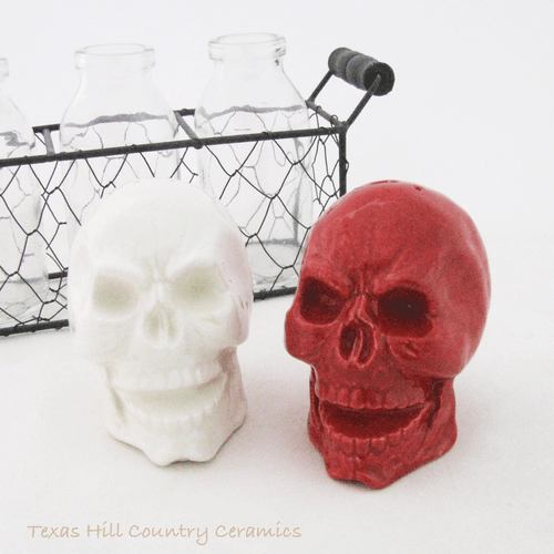 Red and white ceramic skull salt and pepper shakers | Texas Hill Country Ceramics