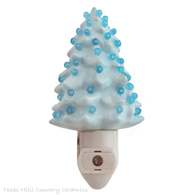 Light blue ceramic Christmas tree night light with aqua globe lights is idea for a boy's room or bath area.