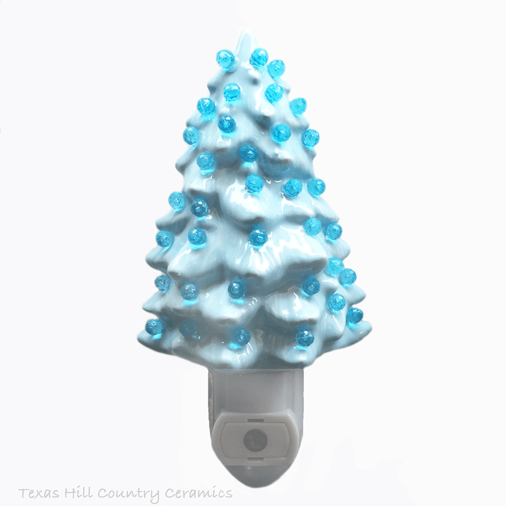 Light Blue Ceramic Christmas Tree Night Light With Automatic Sensor Switch Aqua Globe Lights Made In The Usa Texas Hill Country Ceramics