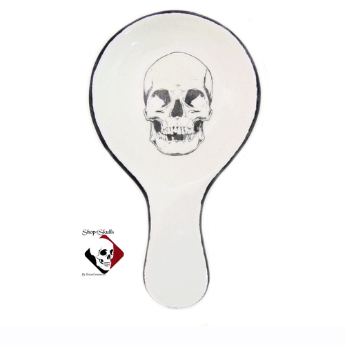 Black and white skull spoon rest hand made.