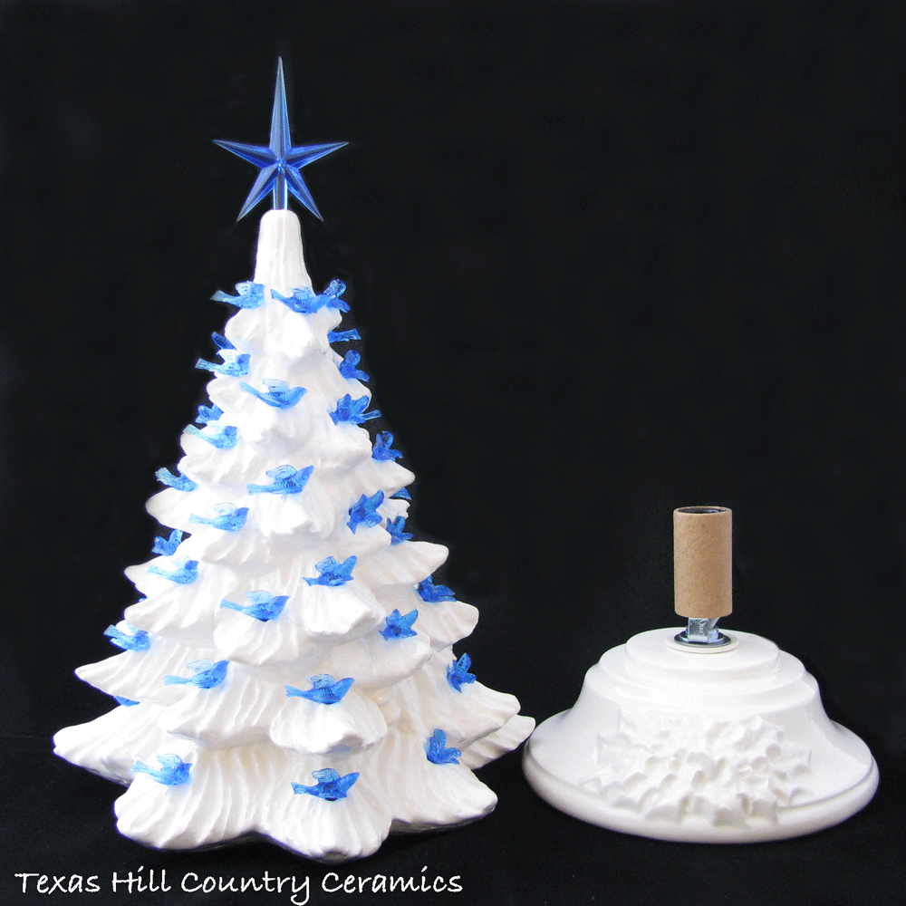 Winter White Ceramic Christmas Tree With Dove Bird Lights Of Your Choice Of Color 11 1 2 Inch Tall Tabletop Lighted Made To Order Texas Hill Country Ceramics