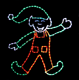 LED light animation of an elf wearing green and red doing a cartwheel