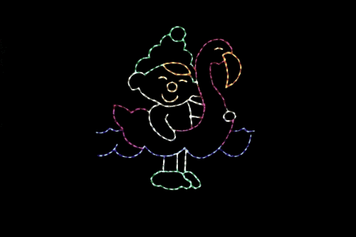 Animated light display of an elf on a floaty.