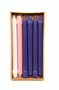 ADVENT CANDLES Fluted base 12" x 1 " Purple Pink and White