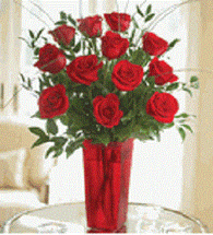 Blooming Love - 12 Fancy Red Roses in Red Vase