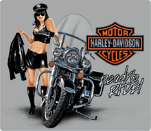 THIS CLASSIC HARLEY SIGN IS EMBOSSED WITH GREAT ATTENTION TO DETAIL AND SUPER COLORS
IT MEASURES 15" W X 13" H    WITH HOLES IN EACH CORNER FOR EASY HANGING. "READY TO RIDE"