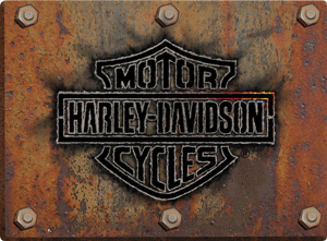 This Embossed Harley Tin Sign measures 17" w x 12 1/2" h with holes in each corner for easy mounting