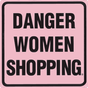 This Embossed Women Shopping Retro Tin Sign measures  16" w x 16" h with holes in each corner for easy mounting