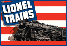 This Embossed Lionel RR Model Train Retro Tin Sign measures  15" w x 10 1/2" h with holes in each corner NOW IN STOCK!!